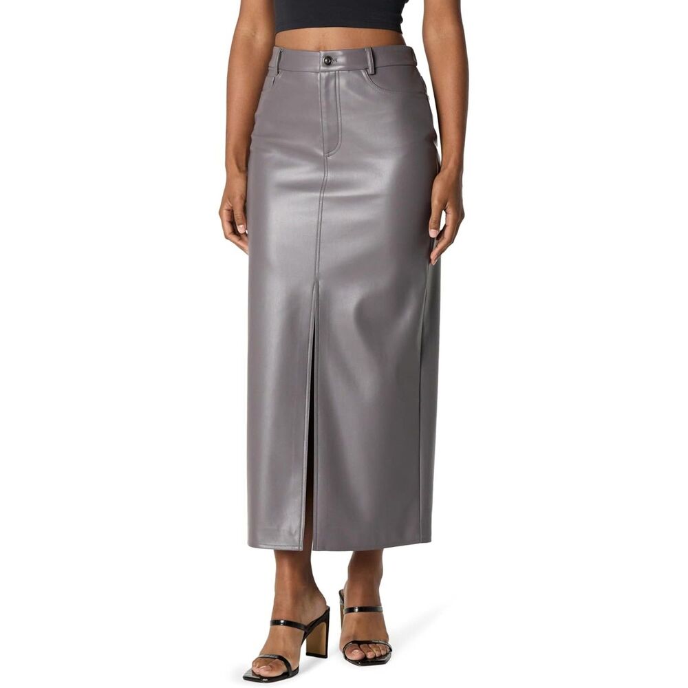 Gray Faux Leather Maxi Slit Skirt, Medium, 2L-138B008